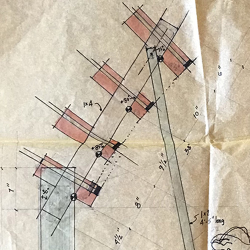 detail of wooden rack from sketch for a keyboard rack detailed with wooden boards